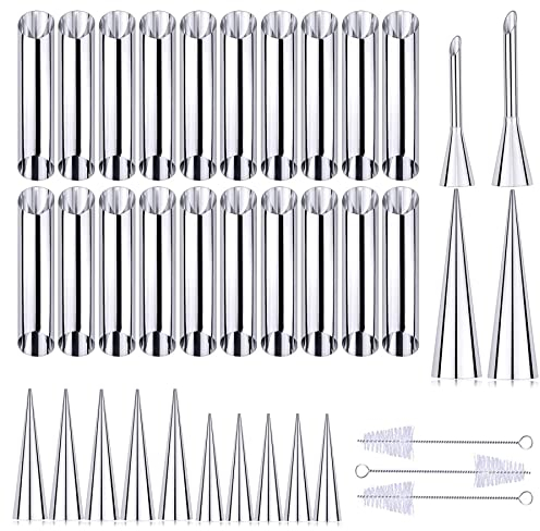 Woohome 42 Stück Cannoli Backform Puff Nozzle Set, Backen Edelstahl Rolle Horn Formen Konische Dänische Gebäck Croissant Kegel Formen für Plundergebäck Creme Rollenform
