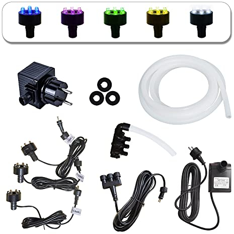 Köhko komplett Pumpe Set 2000L/H für Springbrunnen Gartenbrunnen inkl. 3 LED-Beleuchtung (Kaltweiß), 3 wege Wasserverteiler, Schlauch, 5m Verlängerungskabel, Tarfo und Schaumdichtung