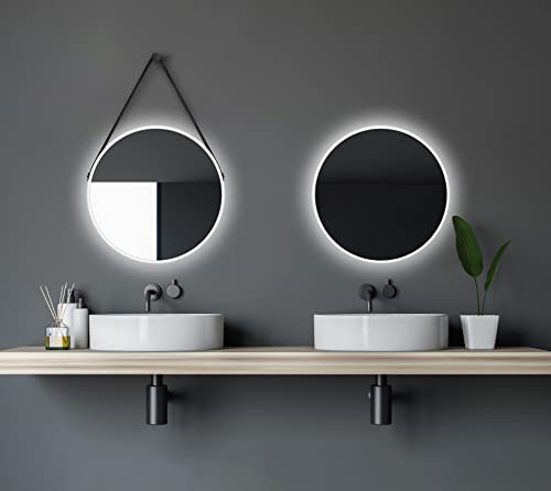 Talos White Light runder Badspiegel Ø 50 cm – Wandspiegel in matt weiß – Badezimmerspiegel mit hochwertigem Aluminiumrahmen – Spiegel mit austauschbarer LED-Beleuchtung für Bad