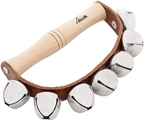 XDrum SB7 Sleigh Bells - Schlittenglocken aus verchromtem Stahl - 7 Glöckchen am Lederband - Ergonomischer Holzgriff