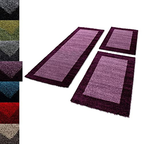Carpettex Bettumrandung Schlafzimmer 3teilig Shaggy Teppich Hochflor Bordüre Muster Lila Bettset:2 mal 60x110 + 1 mal 80x150 - Bettvorleger Schlafzimmer Läuferset Weich Langflor Bettumrandung Teppich