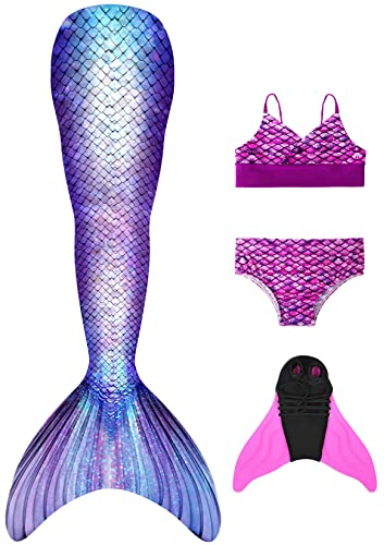 BAWADE Meerjungfrauenflosse Mädchen Meerjungfrau Flosse mit Bikini Setfür Kinder und Monoflosse（4 Stück）