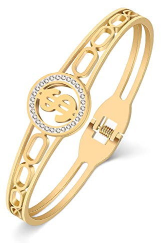 LONYOO Dainty 18K Gold Bracelet Armreif Edelstahl plattiert Gold Silber Armband für Frauen Mädchen Strass-Schmuck (Vergoldetes $ Dollar Armband)