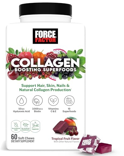 Force Factor Collagen Boosting Superfoods, Vegan Collagen Booster for Women, with Biotin, Hyaluronic Acid, and Vitamin C, for Hair, Skin, Nails, & Joint Support, Tropical Fruit, 60 Soft Chews
