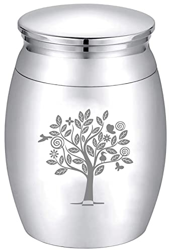 CREATCABIN Kleine Andenkenurne Baum des Lebens Mini-Urnen Für Asche Miniatur-Beerdigung Beerdigung Behälter Glas Gravur Edelstahl Für Mensch Familie Freunde Haustier Gedenkstätte Silber 40x30mm