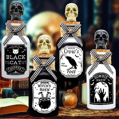 Ainswei Halloween Decorations Indoor, 4 Potion Bottle with Cork, 12PCS Label Halloween Stickers, Black and White Apothecary Glass Bottles, For Tiered Tray Table Home Room Halloween Decor
