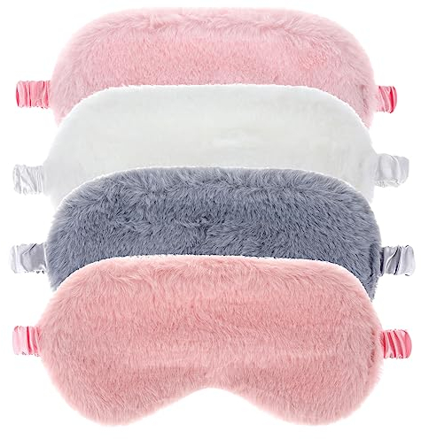 Lusofie 4 Pièces Masque pour les Yeux Endormi en Peluche Mignon Masque de Sommeil Cache Oeil Moelleux Masque Yeux Endormi Réglable avec Bande Elastique pour Femmes Filles Enfants