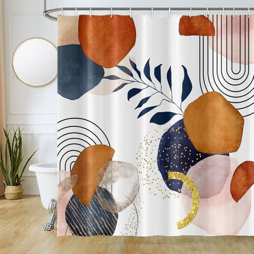 Uiiooazy Rideau Douche Abstrait, Rideau de Douche Anti Moisissure 180x180cm Terracotta Géométrique Feuilles Bleu Rideaux de Baignoire Tissu Lavable Imperméable Rideaux Salle de Bain avec 12 Crochets