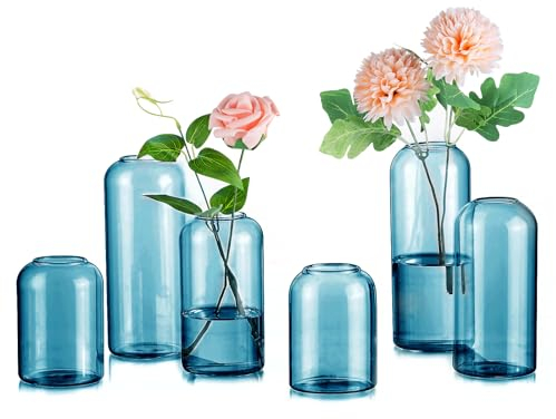 Inweder Jarrón de cristal azul – Juego de 6 jarrones modernos para decoración de mesa de Navidadjarrones pequeñosmini jarrón de cristal para centros de mesa de bodafiesta nupcialeventoarreglo