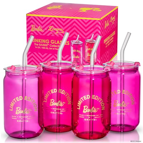 Dragon Glassware Barbie Tumblers - Pink and Magenta - 16 oz Can Shaped Glass Cups with Lids and Straws, Pack of 4, Iced Coffee Cups with Lids, Glass Cups with Straw and Lid