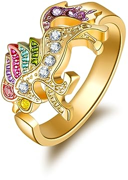 Clataly Regenbogen Einhorn Ring mit Strass Einstellbare Öffnung Cartoon Einhorn Mädchen Ring (Gold)