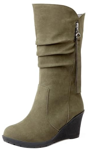 Joliss Donna Zeppa Stivali a Metà Polpaccio Punta Rotonda Stivali Slip-On Warm Inverno Lining Stivali Morbidi Verde-Hm Numero 33 EU