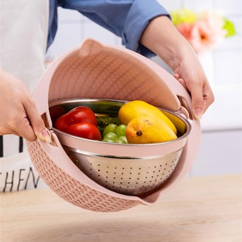 SANWOOD Passoire 4 en 1 avec bol mélangeur, passoire multifonction en acier inoxydable, passoire à pâtes, nettoyeur de fruits, trancheuse pour cuisine (rose)