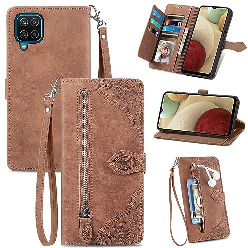 JayModCase Handyhülle für Samsung Galaxy A12 5G / M12, PU Leder Magnetverschluss Handytasche, mit Reißverschlusstasche Ständer Kartenfächer Hülle Kompatibel mit Samsung M12 - Braun