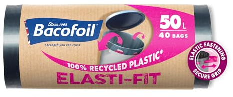 Bacofoil Elasti-Fit Bin Liners - 50L Recycled bin bags, 4 Rolls (40 Bags) - Leak-Proof, Elastic Fastening for Secure Fit - Made from 100% Recycled Plastic - Eco-Friendly Waste Disposal.