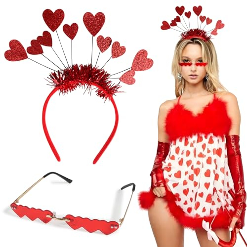 BHGT Herz Stirnband Glitzer Herz Haarreif Herz Rot Karneval Amor Kostüm Brille Zubehör Heart Headband Red Haarband Party Accessoires Kopfbedeckung Haarschmuck, Einheitsgröße, 098F64F4