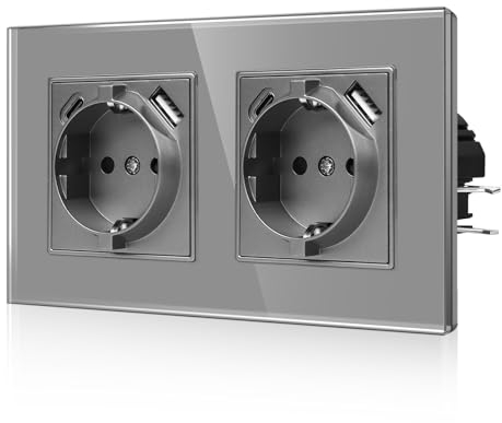 CNBINGO USB Doppelsteckdose mit Krallen - Glas Schuko Steckdose Unterputz mit USB Anschluss - 2× (Typ-C und USB-A Max.2,1 Amp) - Zweifach Grau Wandsteckdose mit Kindersicherung - JFGM2