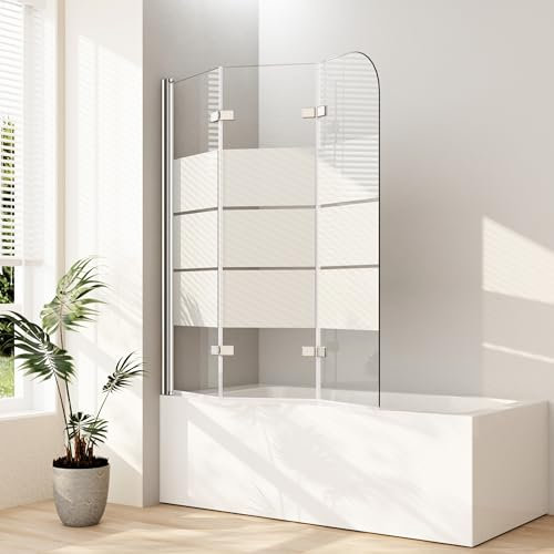 Boromal Gestreift Duschwand für Badewanne, 140x140cm, 3-teilig faltbar, ESG Sicherheitsglas, Milchglas, Badewannenaufsatz
