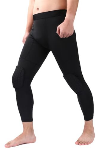 Hotfiary Gepolsterte Basketball Kompressions Tights für Herren 3/4 Capri Leggings Baselayer Laufhose mit Knieschonern Sportliche Fußball Fußballhose