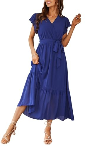 Awemeal Kleid Damen Sommer Elegant V-Ausschnitt Kurzarm Lang Sommerkleid Boho Blumenkleid mit Gürtel Rüschen Saum Wickelkleid Strandkleid A Linie Fließend Maxikleid （XL, Blau）