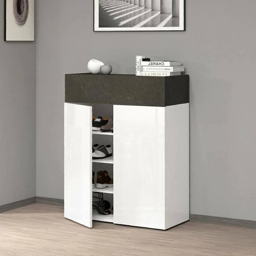 Dmora - Schuhregal Oliviero, platzsparendes schuhregal mit 3 türen, multifunktionale eingangsgarderobe, 76x38h100 cm, Weiß und Schiefer