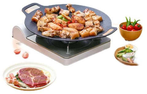 POVVFRTY Korean Grilling pan, Camping Pot, Outdoor Camping cookware, Medical Stone Grilling pan, Teppanyaki Round Grilling pan 韩式烤盘野营锅户外露营炊具麦饭石煎烤盘铁板烧圆形烧烤盘/1110