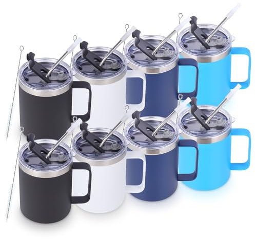 Volhoply 12oz Insulated Leakproof Coffee Mug with Sliding & Straw Lid Bulk 8 Pack,Double Wall Vacuum Stainless Steel Travel Tumbler Cup with Handle,Reusable Camping Mugs Keep Cold/Hot(Assorted,8 Set)