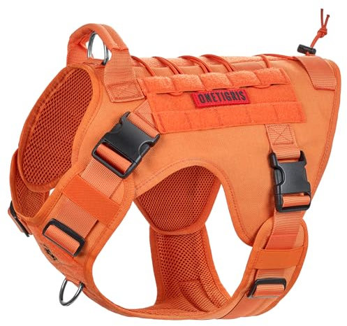 OneTigris Hundegeschirr, FIRE Watcher Taktische Geschirr MOLLE Sicherheitsgeschirr Service Hunde Hundeweste mit 1 Griffe und 2 No-Pull D-Ring 1000D Nylon (M, Orange)