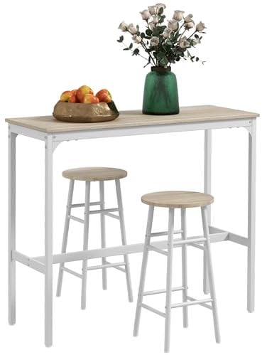 HOMCOM Conjunto de Mesa Alta de Bar con 2 Taburetes Mesa Alta de Cocina con Taburetes Marco de Acero Estilo Industrial para Comedor Natural y Blanco