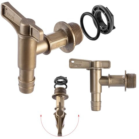 KADAX Robinet d'écoulement pour citerne d'eau de pluie, 3/4 en plastique, robinet avec joint d'étanchéité et contre-écrou bande d'étanchéité, robinet pour réservoir d'eau (doré, 86 mm)