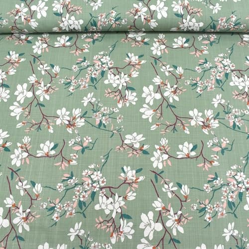 MAGAM-Stoffe Blumen Baumwollstoff aus Frankreich OEKO-TEX Meterware ab 50cm (Athen grün | 160g/160cm)