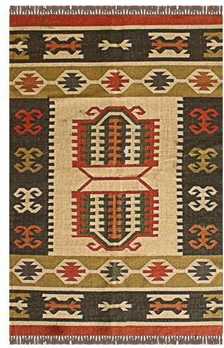 CASAVANI Jute Kelim Teppich, 4 quadratisch, gewebte Jute, Teppich, grün, Teppich für Wohnzimmer, Schlafzimmer, quadratisch, flache gewebte Wollmatte, drinnen, Outdoor-Gebrauch, Teppiche für