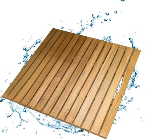 Duschmatte Holz, Teakholz, Gartendusche Bodenplatte, Stehende Duschmatte for Drinnen, Draußen, Spa, Wasserdicht und Leicht Zu Reinigen(23.6 * 11.8in)