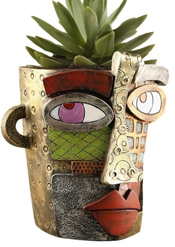Vaso per piante con volto - Vaso per piante con volto umano in stile vintage Vaso per fiori colorato in arte astratta | 18 x 15 x 18,5 cm, vaso da fiori antico unico con decorazione arcobaleno astratt