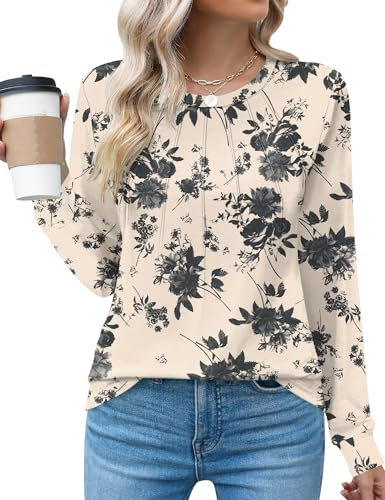 Rapbin Women's Going Out Tops Long Sleeve Casual Crew Neck T-Shirts Fashion Laides Pleated Holiday Blouses,Floral,L
