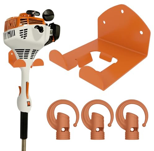 3 Pack Heavy Duty Garage Storage Hooks + 1 Pack Trimmer Rack Compatible with Stihl Kombi Attachments, Garden Power Tool Holder Organizer Hangers for Grass Trimmer, Hedge Trimmer, Garage Wall