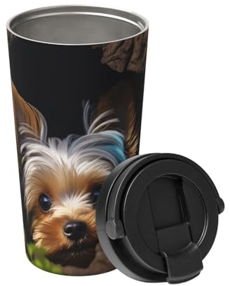 LHCVSFGW Insulated Coffee Mug with Handle and Leakproof Lid Travel Tumbler A little Yorkshire terrier Stainless Steel Double Wall Vacuum Travel Mug Reusable Coffee Tumbler for Hot Iced Coffee Tea