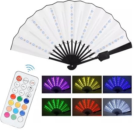 HFWHOK Folding Fan Led Fan, Large Rave Fan Light Up Hand Fan Glowing Handheld Folding Fan with Remote Control Stage Performance Props Fan for Birthday Party Wedding Home Decor (White)