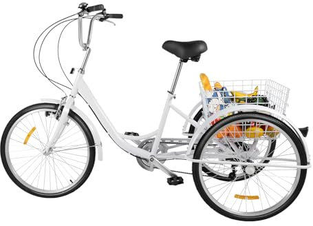 jiumxliu 24 Zoll Dreirad für Erwachsene 6-Gang 3-Rad Erwachsene Trikes mit Lichtern und Einkaufskorb für Menschen Frauen Männer in Weiß