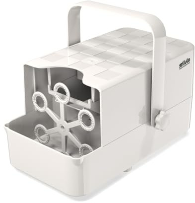 Silva Schneider Seifenblasenmaschine BM 3000 | tragbar, 3000–10000 Blasen/Min, 2–4 m Reichweite, mit 600+ Stickern, kindersicher, inkl. Seifenblasen-Konzentrat, Weiß