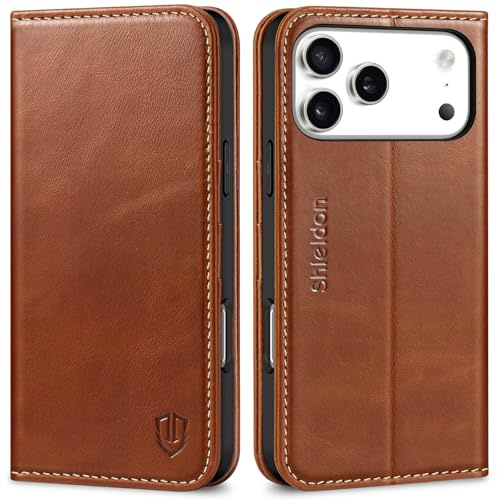SHIELDON Echtleder Hülle für iPhone 17 Pro Max 6,9 5G 2025, Retro Braun | Handyhülle, Kartenfach, Ständer, Magnetverschluss, RFID Blocker, Handy-Ösen, Stoßfest Case, Lederhülle, TPU Schutzhülle
