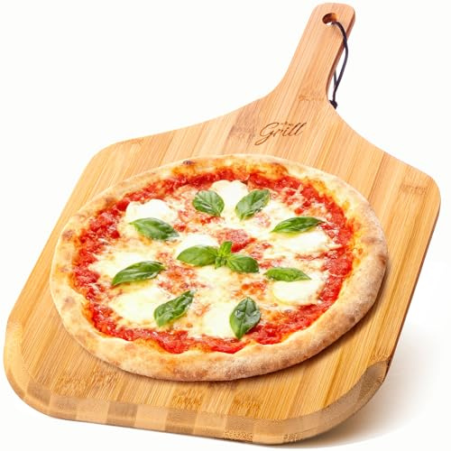 Hans Grill Bamboo Wooden Pizza Peel, 12 Inch Paddle for Oven | Restaurant Grade Natural Bamboo, Tapered Edge for Easy Launch, Comfort Handle & Hanging Loop, Doubles as Serving Board