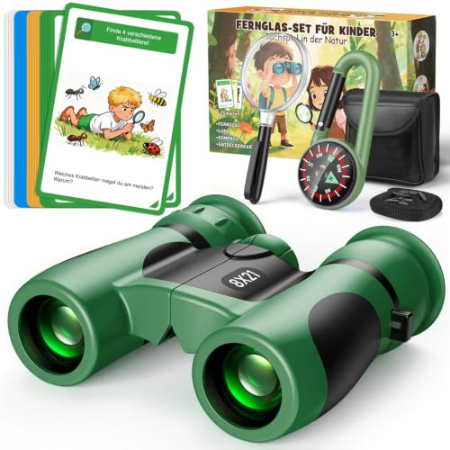 Fernglas für Kinder 8x21 mit Lupe, Kompass & Entdeckerkarten - Grün | Outdoor Spiele für Kinder, Outdoor Spielzeug ab 3-10 Jahre Geschenk Junge Mädchen, Gartenspielzeug Schatzsuche Forscherset