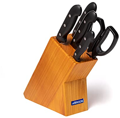 Arcos Juego de Cuchillos de Cocina con 5 piezas Acero Inoxidable Nitrum. Bloque de Cuchillos profesionales. Mango ergonómico polioximetileno POM. Serie Maitre. Cuchillo multiusos. Color negro.