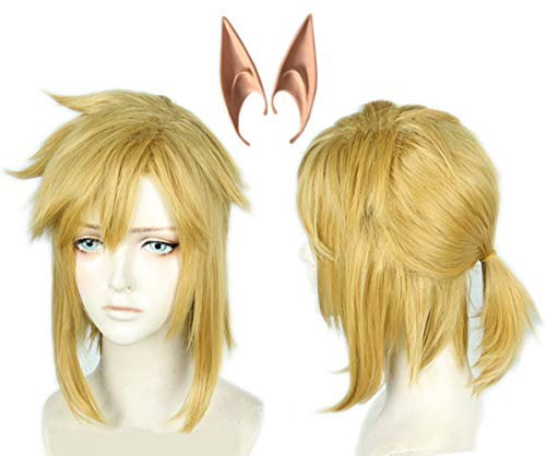 Linfairy Kurze blonde Perücke Halloween Cosplay Perücke für Männer Zopf mit 2 Elfenohren