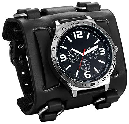 JewelryWe Herren Armbanduhr Analog Quarz 30M wasserdichte Sportuhr Uhren mit Schwarz Breit Leder Echtleder Armband Vatertagsgeschenk