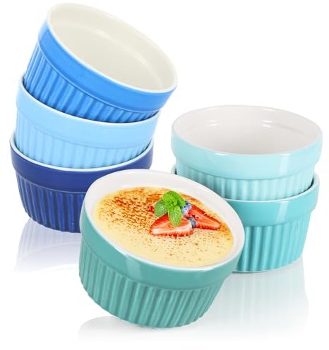 COM-FOUR® 6x Moldes para soufflé - Cuencos de cerámica Creme Brulee - Moldes individuales para postres en azul - Moldes de tazón de postre y paté