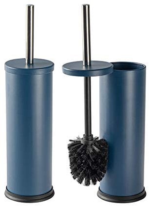 Harbour Housewares Toilet Brush and Holders - Matte Blue - Pack of 2 - Round Toilet Bowl Brush & Holder Stainless Steel Bathroom Deep Cleaning Scrub