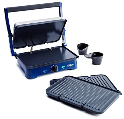 Blue Diamond Ceramic antiadherente, plancha de contacto eléctrico con parrilla y platos de gofre, diseño plano abierto, placas extraíbles aptas para lavaplatos, control de temperatura ajustable