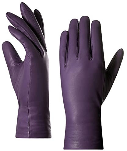 Harssidanzar Damen Lederhandschuhe,Damen Italienische Lammfell Lederhandschuhe Kaschmir Gefüttert GL006,Lila,Größe S